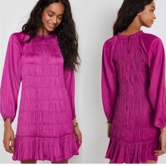 Anthropologie Maeve Tasha Satin Smocked Ruffle Dress - Picture 3 of 13